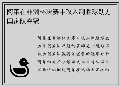阿莱在非洲杯决赛中攻入制胜球助力国家队夺冠