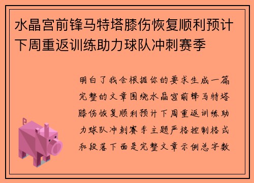 水晶宫前锋马特塔膝伤恢复顺利预计下周重返训练助力球队冲刺赛季 水晶宫前锋马特塔膝伤恢复顺利预计下周重返训练助力球队冲刺赛季